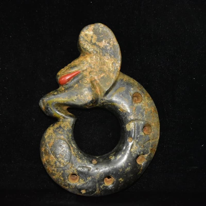 Antique Hongshan Culture Jade Coiled Dragon Statue Chinese Neolithic Culture Amulet Wall Decor Collectible Craft