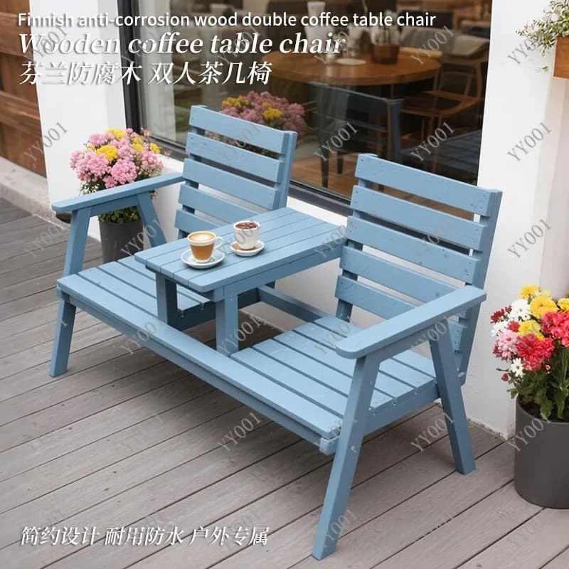 Outdoor Solid Wood Table Chair Set 2-Seater Patio Bench with Backrest Balcony Yard Furniture