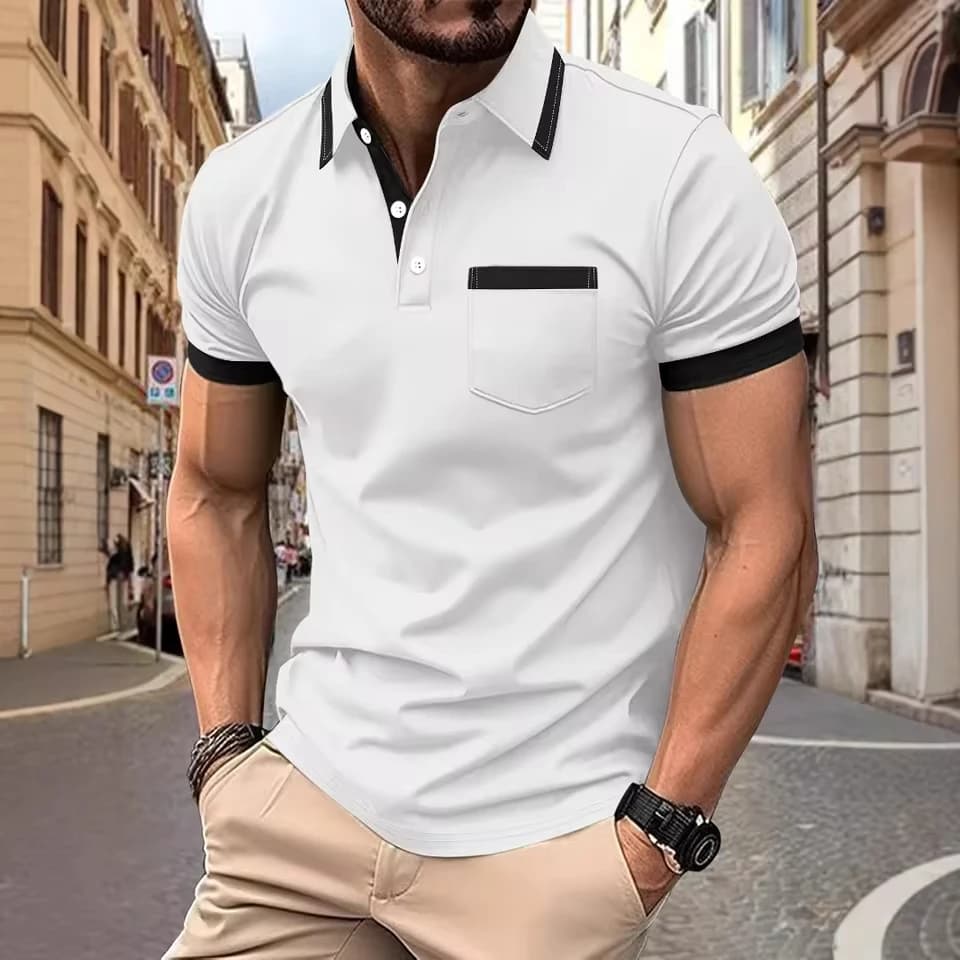 2025 New Fashion Men's Summer Turn-down Collar Short Sleeve Pocket Slim T-shirts Casual Trendy Solid Color Slim Polo Shirts Male