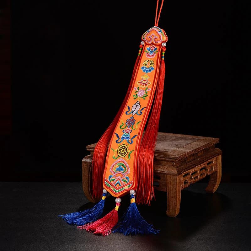 Tibetan Ribbon Flags Nepal Handmade Eight Auspicious-Tambourine Embroidery Pendant,Buddhism Hall Red Banner Hanging Decoration