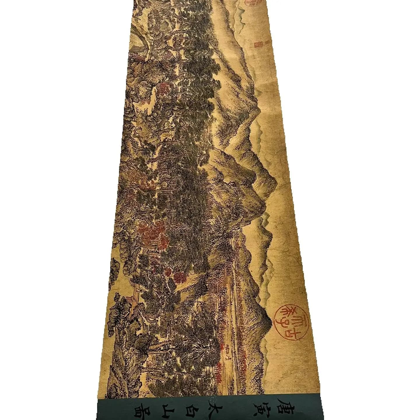 Chinese Old Long Scroll Painting Landscape Tang Yin's Taibai Mountain Map Traditional Art on Old Scroll Paper