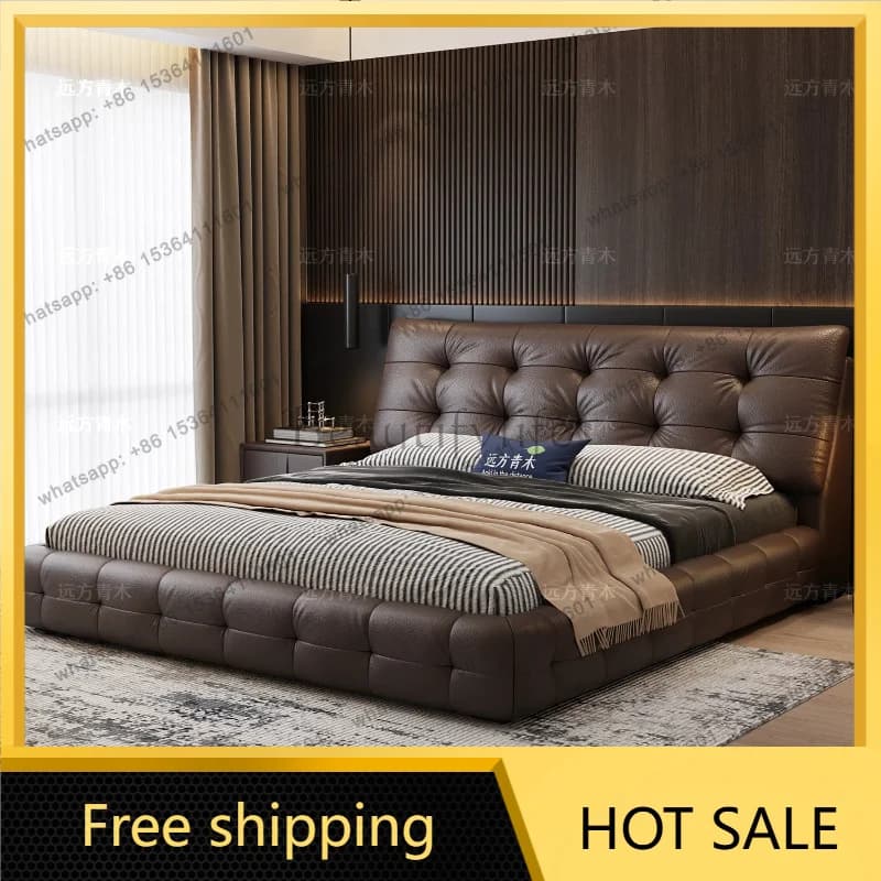 FG Italian minimalist top layer leather black bear bed side bed master bedroom elegant Italian high‑end atmospheric storage bed