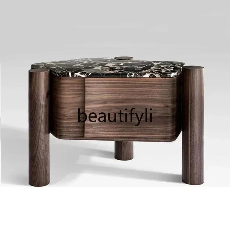 ZJ53Light luxury natural, black luxury stone edge few black walnut bedside table Italian minimalist villa bedroom bedside table8