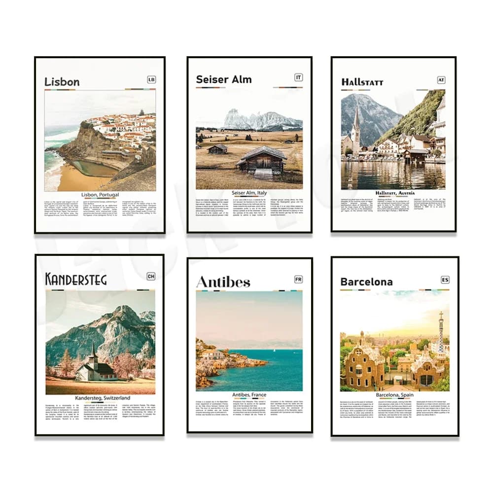 Italy, Austria, France Antibes, Sweden, London, Portugal, Paris, Switzerland, Bosnia and Herzegovina, Dolomites travel poster