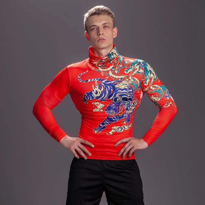 Cool Printed High-Neck T-Shirt Men's Compression Long Sleeves Fashion Streetwear Fitness Warm  Outdoor Cycling Dustproof Shirt