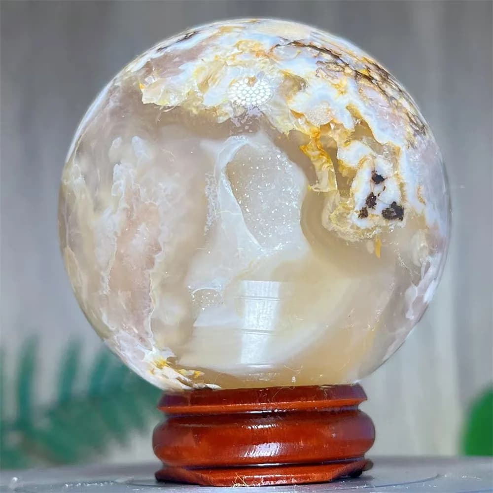 Flower Agate Sphere Stone Quartz Carving Crystal Natural Energy Reiki Mineral Stone Ornaments Specimen Feng Shui+Stand