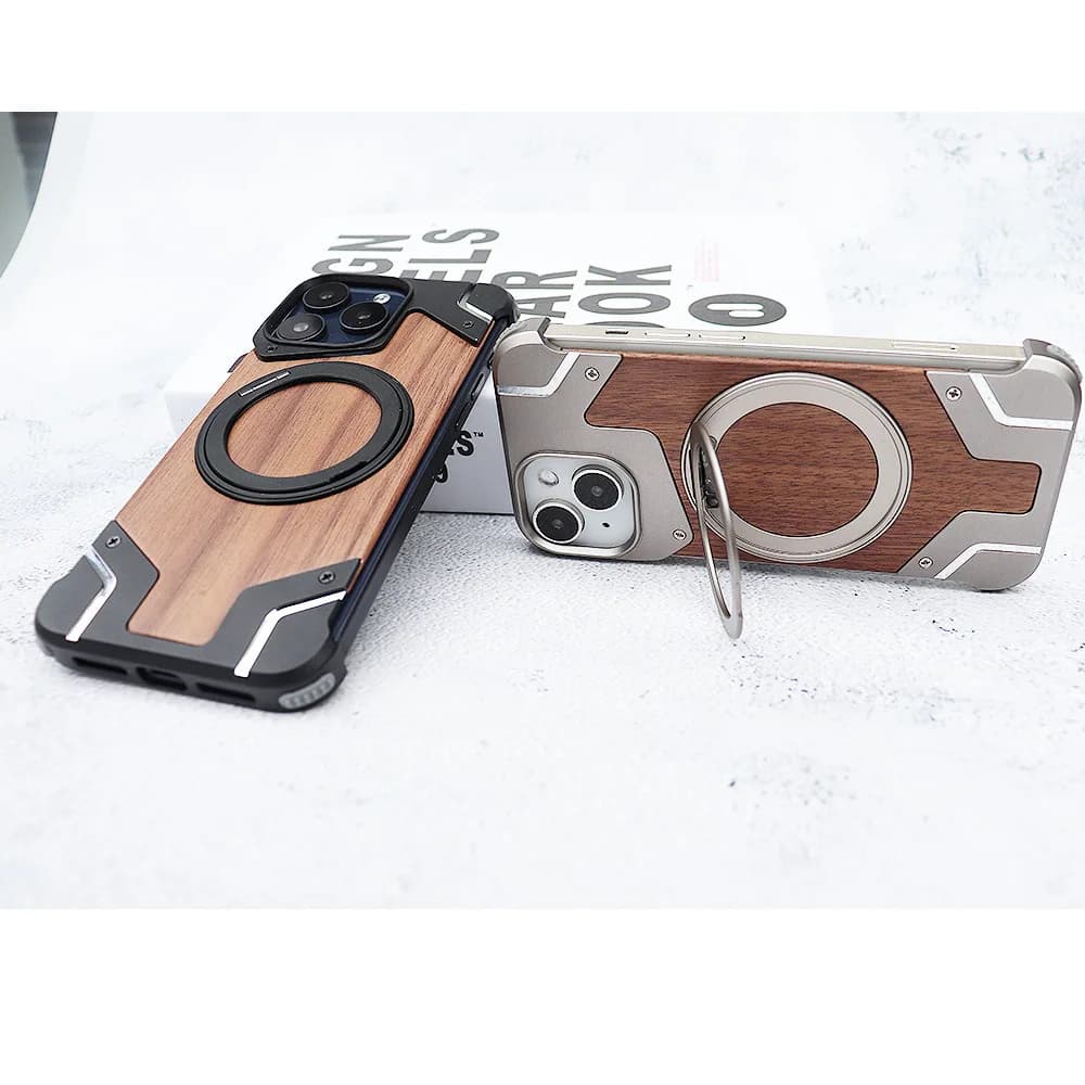 Luxury Magnetic Rimless Frosted Metal Phone Case For iPhone 14 13 15 Pro Max Plus Aluminum Shell Peach wood Back Cover