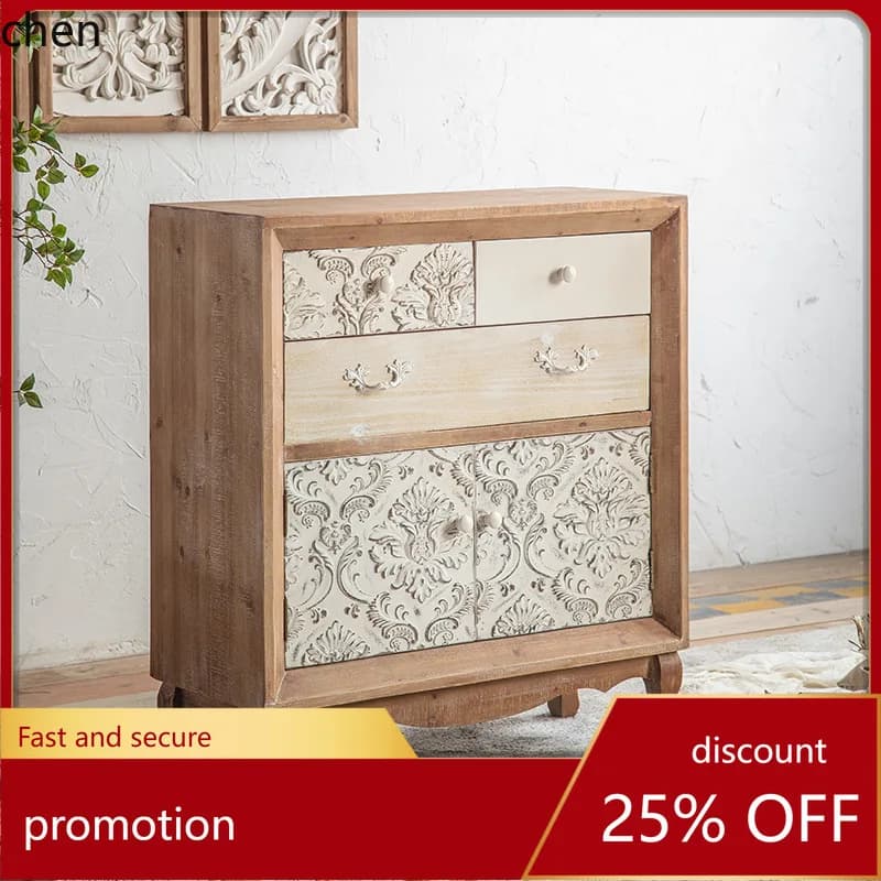 HT Country Retro Carved Storage Cabinet Bedroom Multifunctional Storage Entryway Side Cabinet