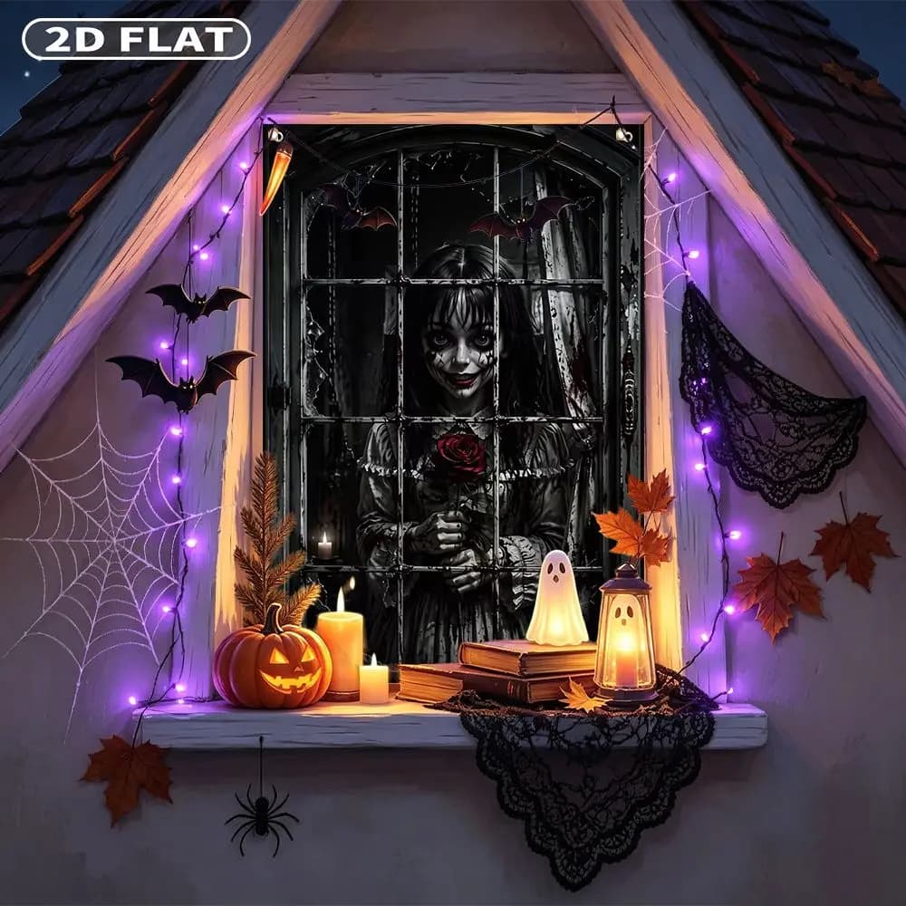 2D FLAT 1pc Party Window Cover Banner, with Creepy Girl Holding Red Rose Behind Broken Window, No Power Need Home Decor