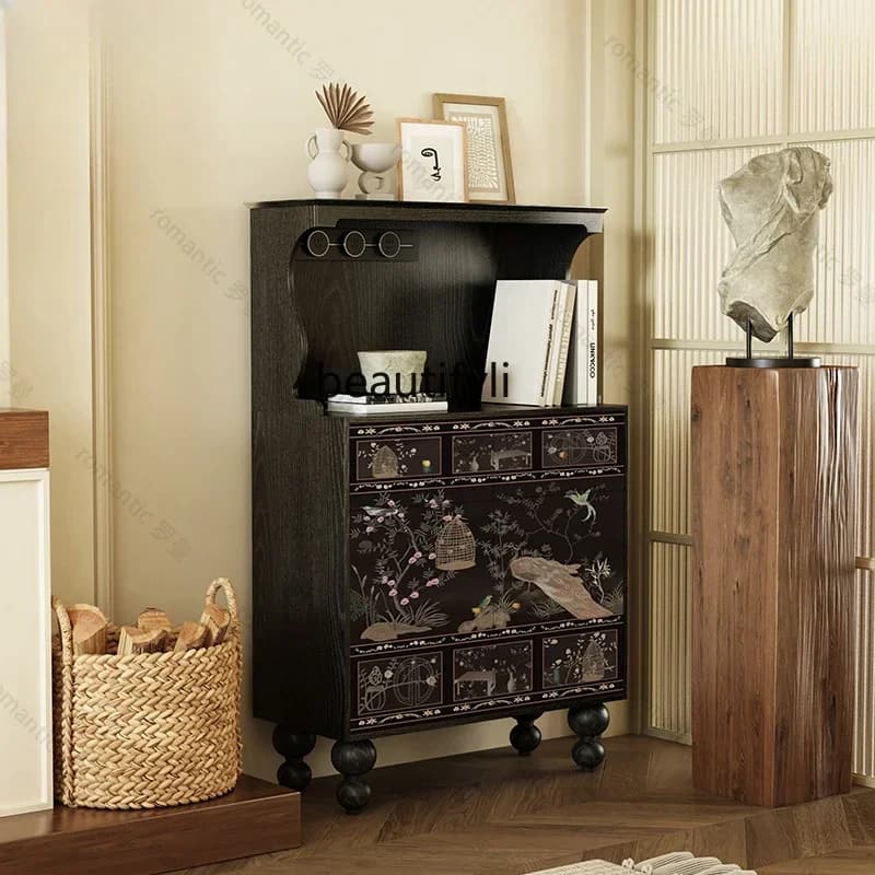 K185 Chinese Style Flower and Bird Solid Wood Sideboard Restaurant Cupboard Wall-Mounted French Coffee Side Cabinet Black Tea Ca