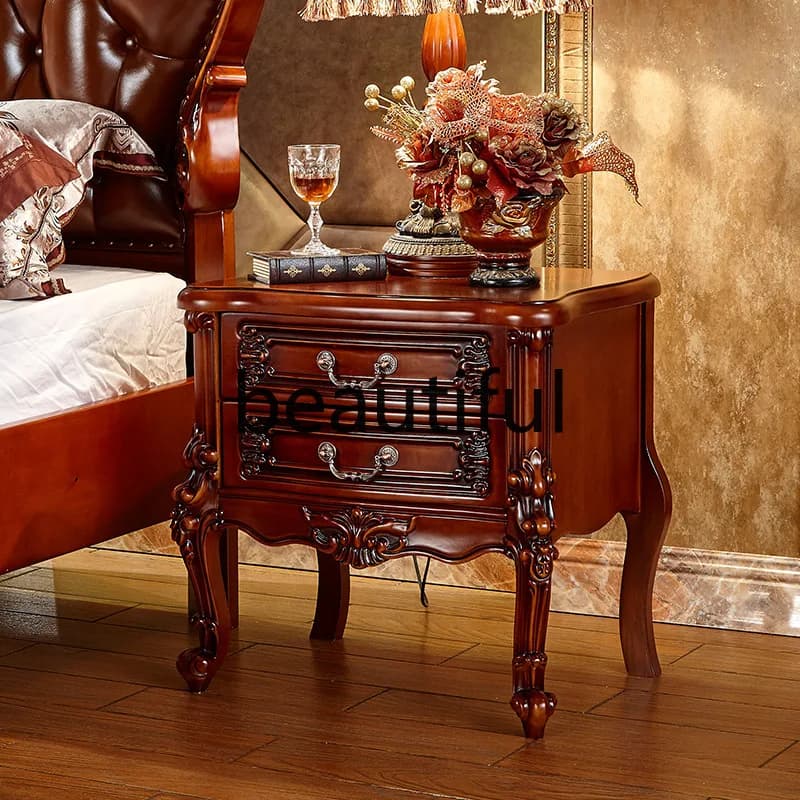 European bedside table American solid wood carving flower home, bedroom storage drawer French retro