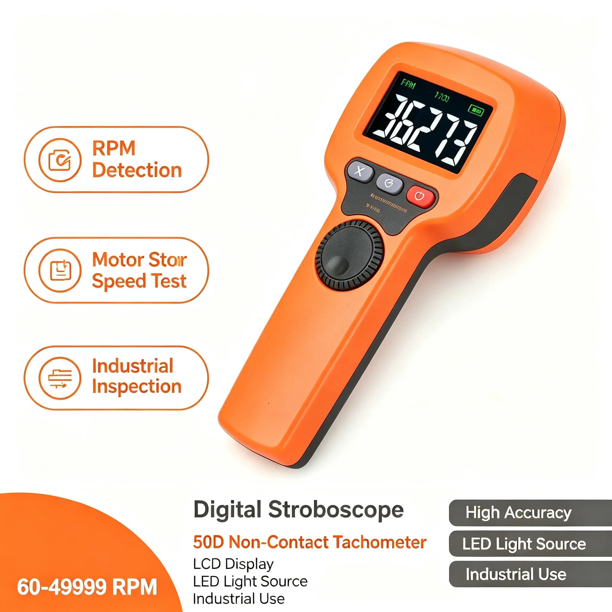 Digital LED Stroboscope Handheld Flash Tachometer 60-49999 RPM Rechargeable Non-Contact RPM Meter for Motor Printing HVAC