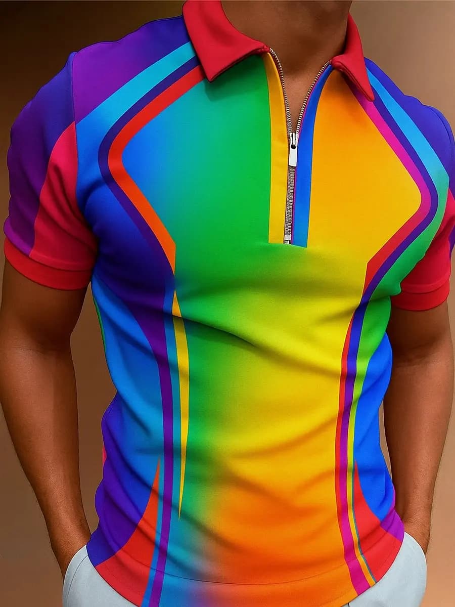 Rainbow Pride Printed Casual Men's Polo Shirt Short Sleeve Zipper Polo Shirt