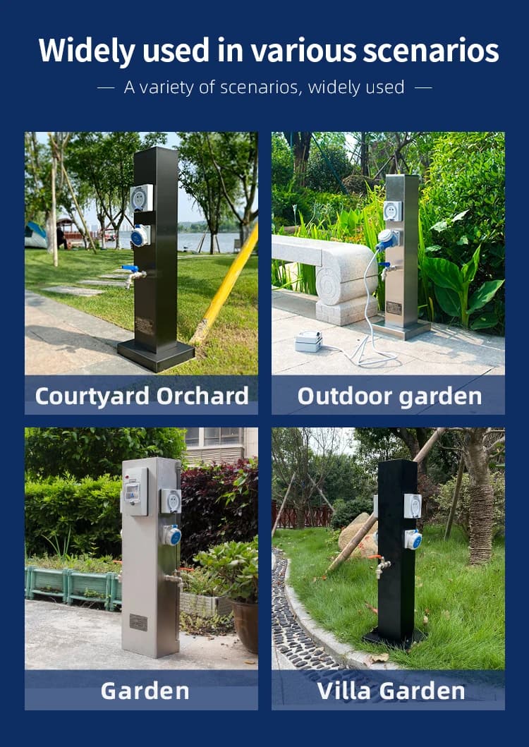 RV pedestal outdoor with lights, RV park, campground landscape