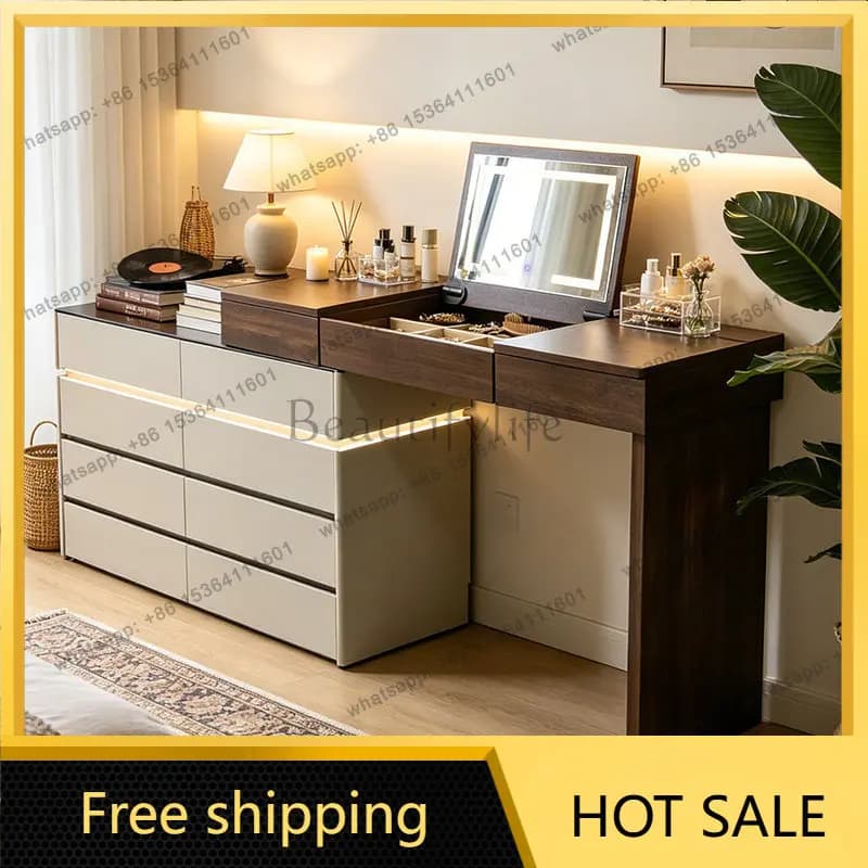 YJ Mid‑Century Flip Top Dressing Table  LED Mirror Large Storage Chest For Bedroom Bed‑Foot Floor Unit