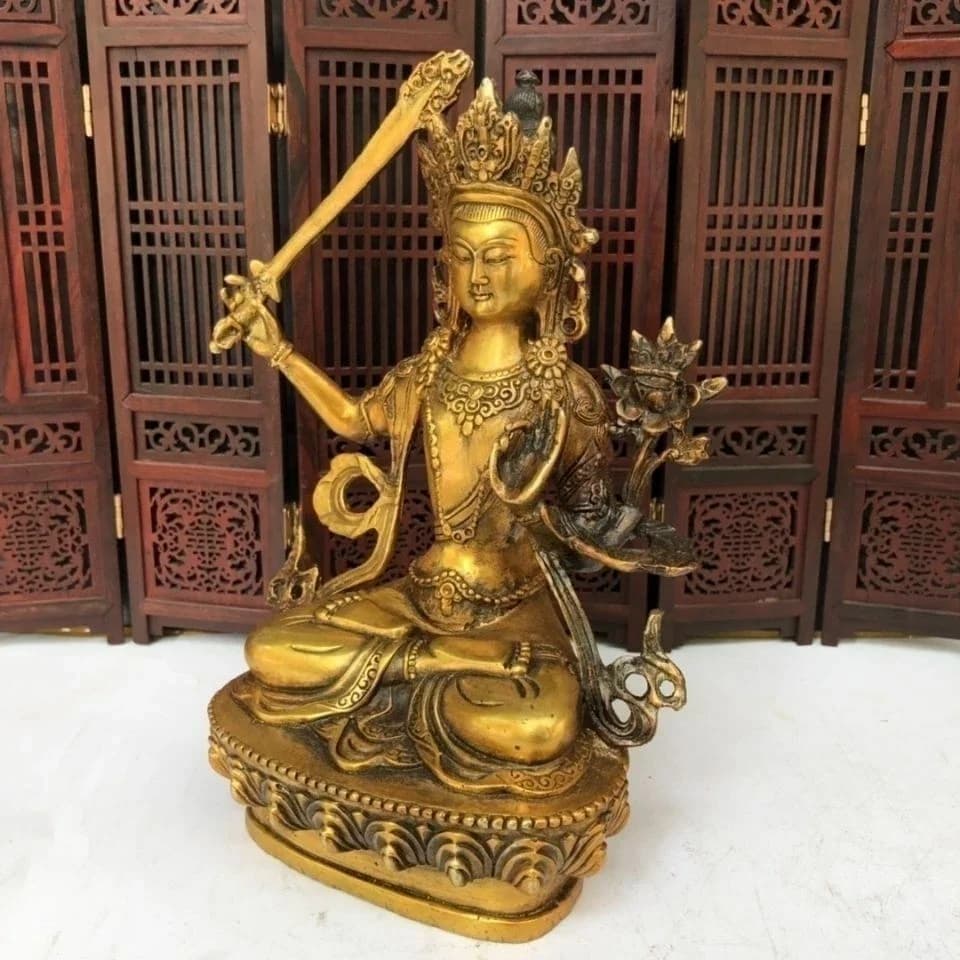 Vintage Brass Manjushri Sculpture Golden Avalokiteshvara Bodhisattva Figurine Oriental Religious Feng Shui Collectible Gift
