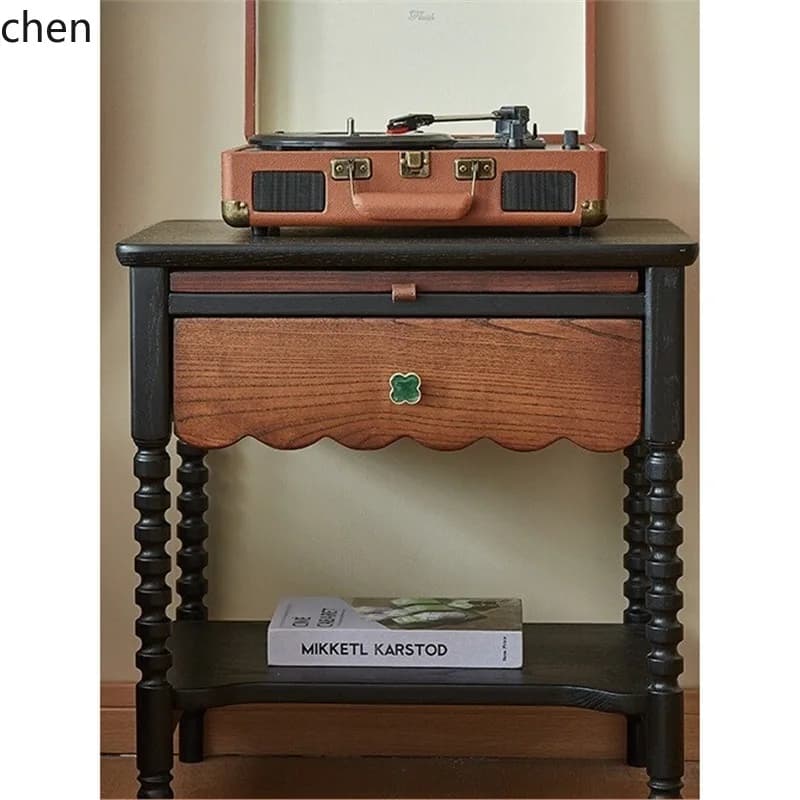 YFY  Vintage Style Solid Wood Nightstand Simple Red Oak Nightstand Retro Storage Nightstand