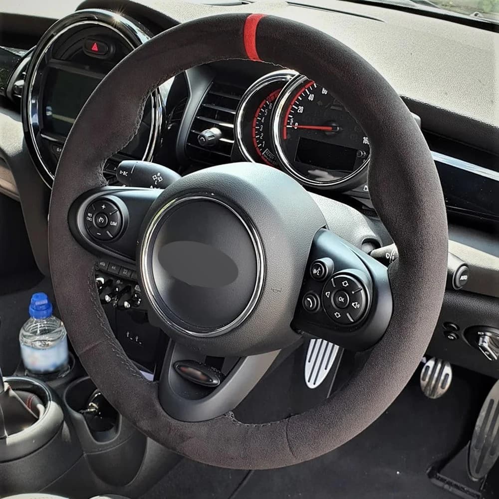 Alcantara Real Leather Steering Wheel Cover Black Thread with Red Stripe Car Accessoires for Mini Mini JCW F56 COOPER S CLUBMAN