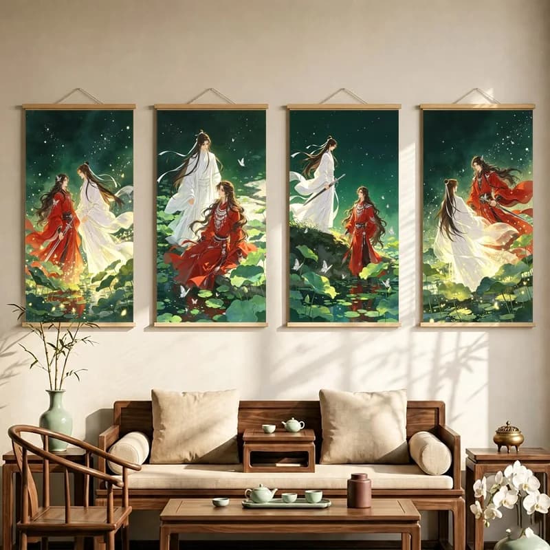 Heaven's Official Blessing Hanging Scroll with Red and White Robed Figures amid Lush Green Foliage for a Cozy Reading Nook
