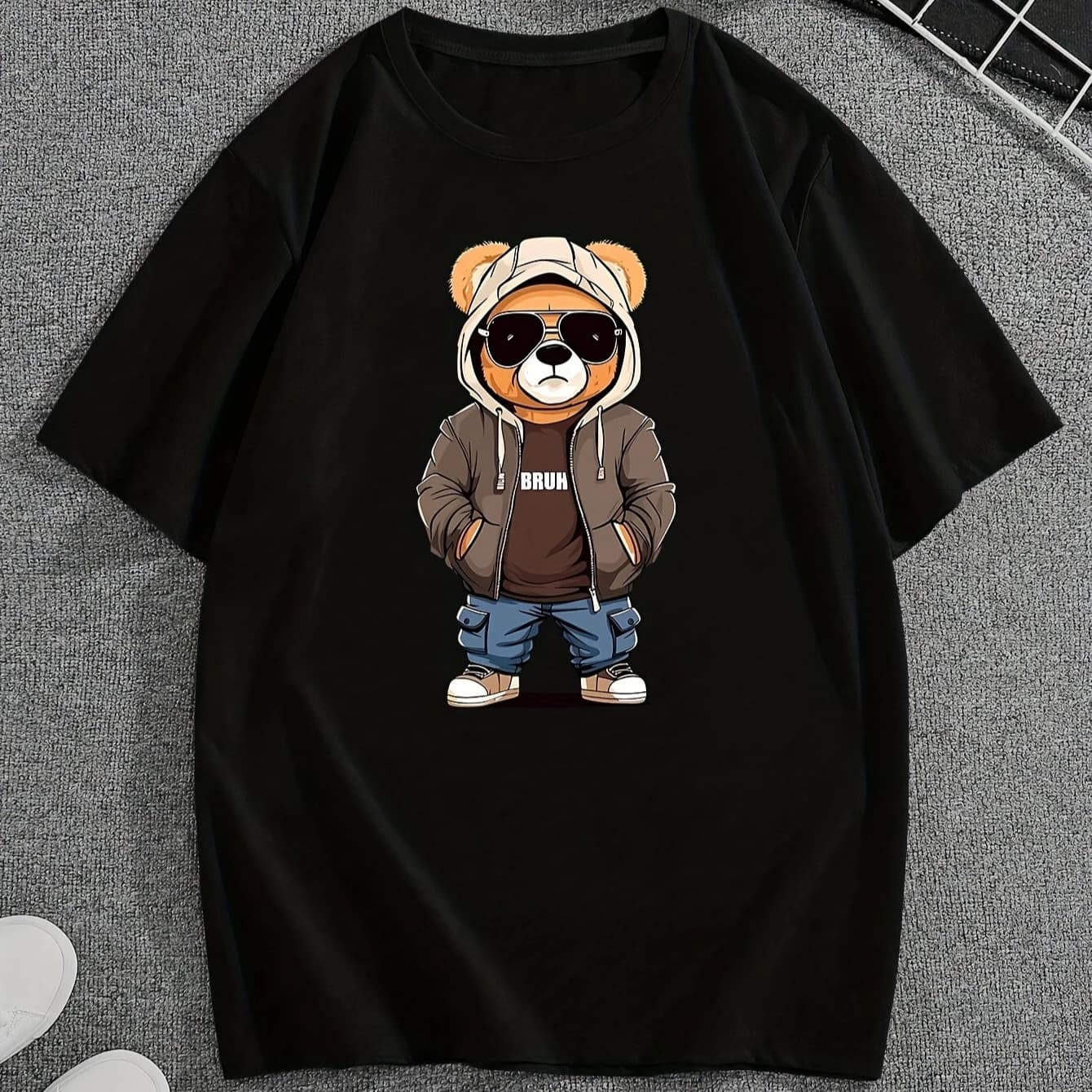 Stylish Cartoon Hoodie Bear Design Printed T-shirt. 100% Pure Cotton Round Neck Short Sleeved Summer Casual Men's T-shirt