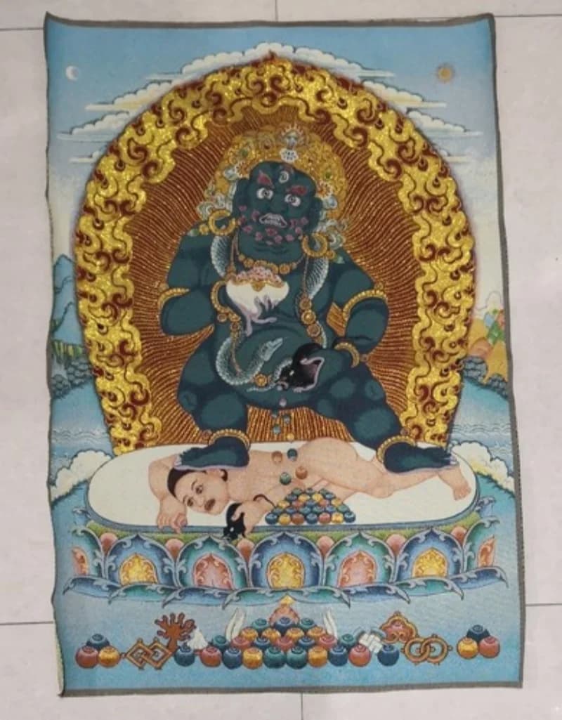 36" Tibet Tibetan Cloth Silk Buddhism 2 Arms Black Jambhala Tangka Thangka Mural