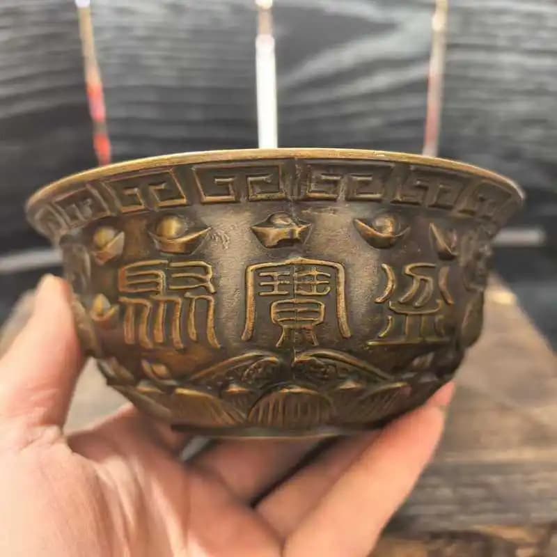 Antiqued Black Patina Solid Brass Five Blessings Copper Bowl, Antique Collection Special Offer, Patina Random