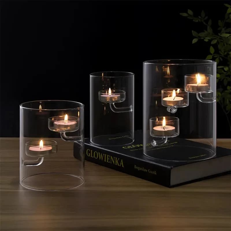 European Cylindrical Hurricane Hollow Glass Candle Holder Candlelight Dinner Windproof Candlestick Creative Home Decoration