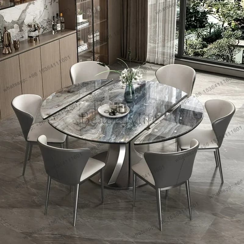 FG Modern Luxury Microcrystalline Stone Dining Tables Minimalist Household Premium Retractable Folding Dining Table Set Of 6 Cha