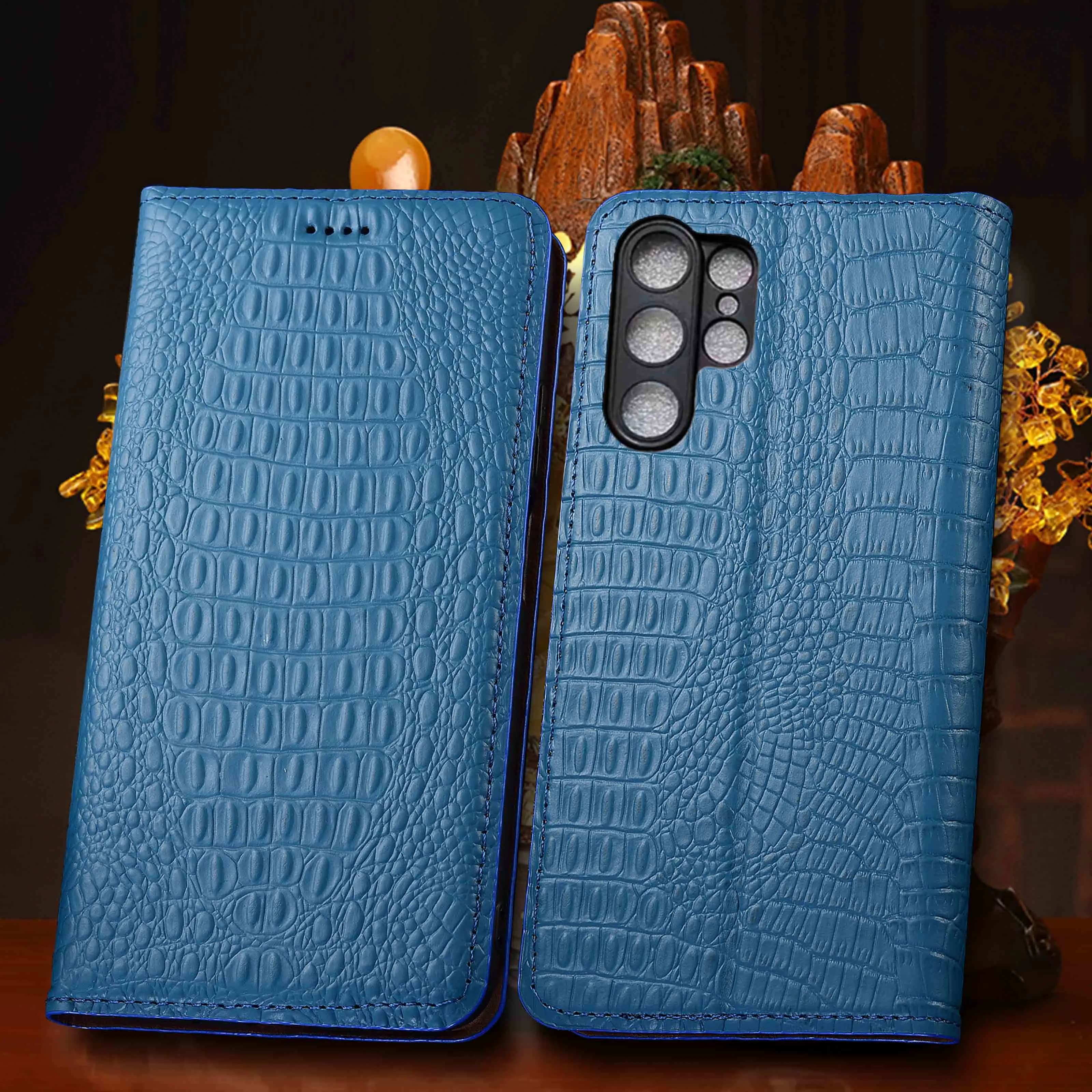 Genuine Leather Phone Case For Samsung Galaxy S21 S22 S23 S24 S25 S26 Edge Plus Ultra FE Crocodile Back Pattern Flip Cover Case