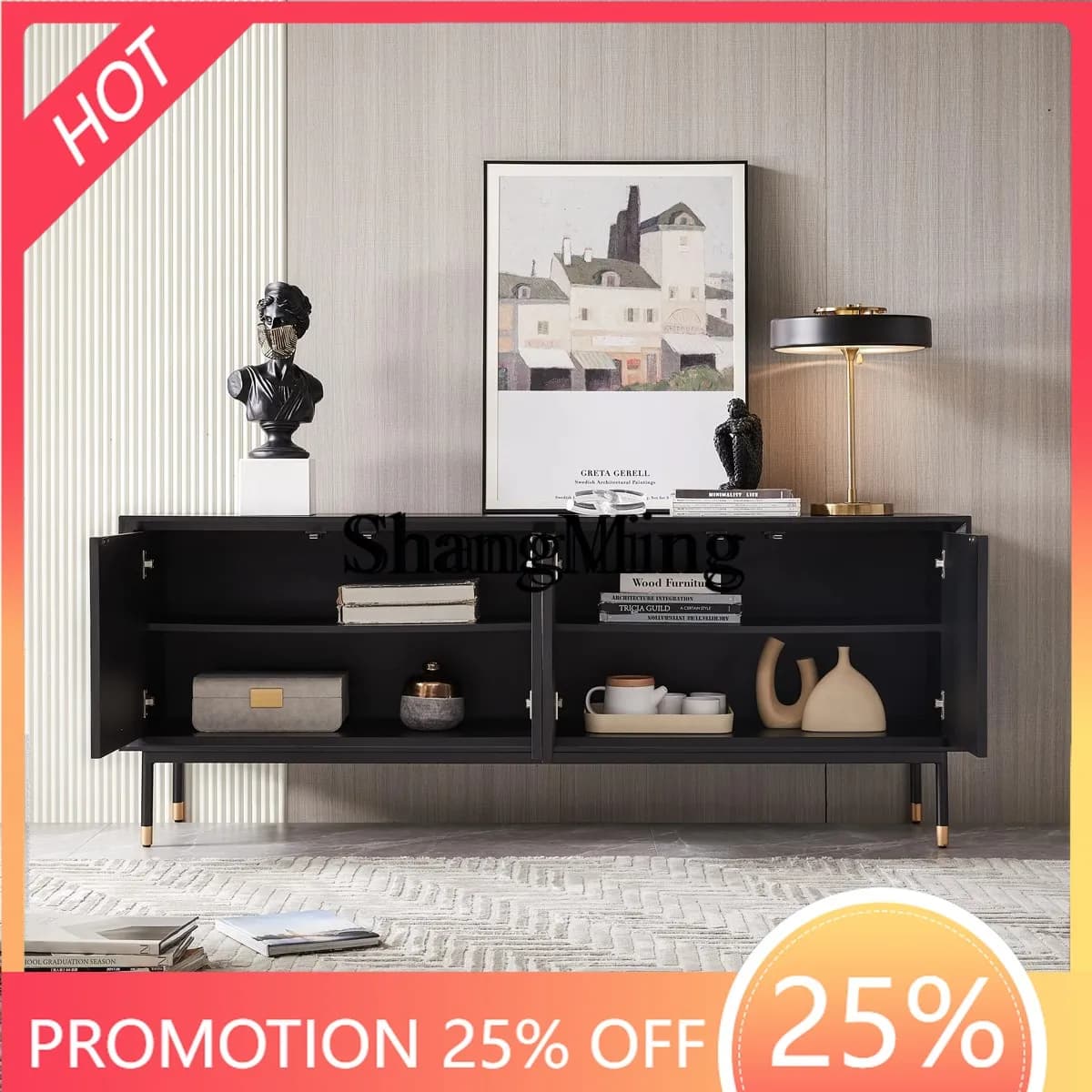CL  modern simple solid wood TV cabinet high black living room small apartment minimalist floor cabinet
