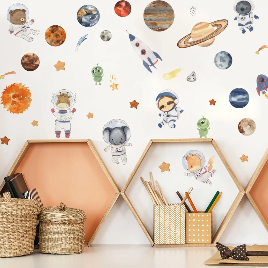Cartoon Solar System Alien Astronaut Stars Wall Stickers for Kids Room Bedroom Reading Room Wall Decals School Nursery