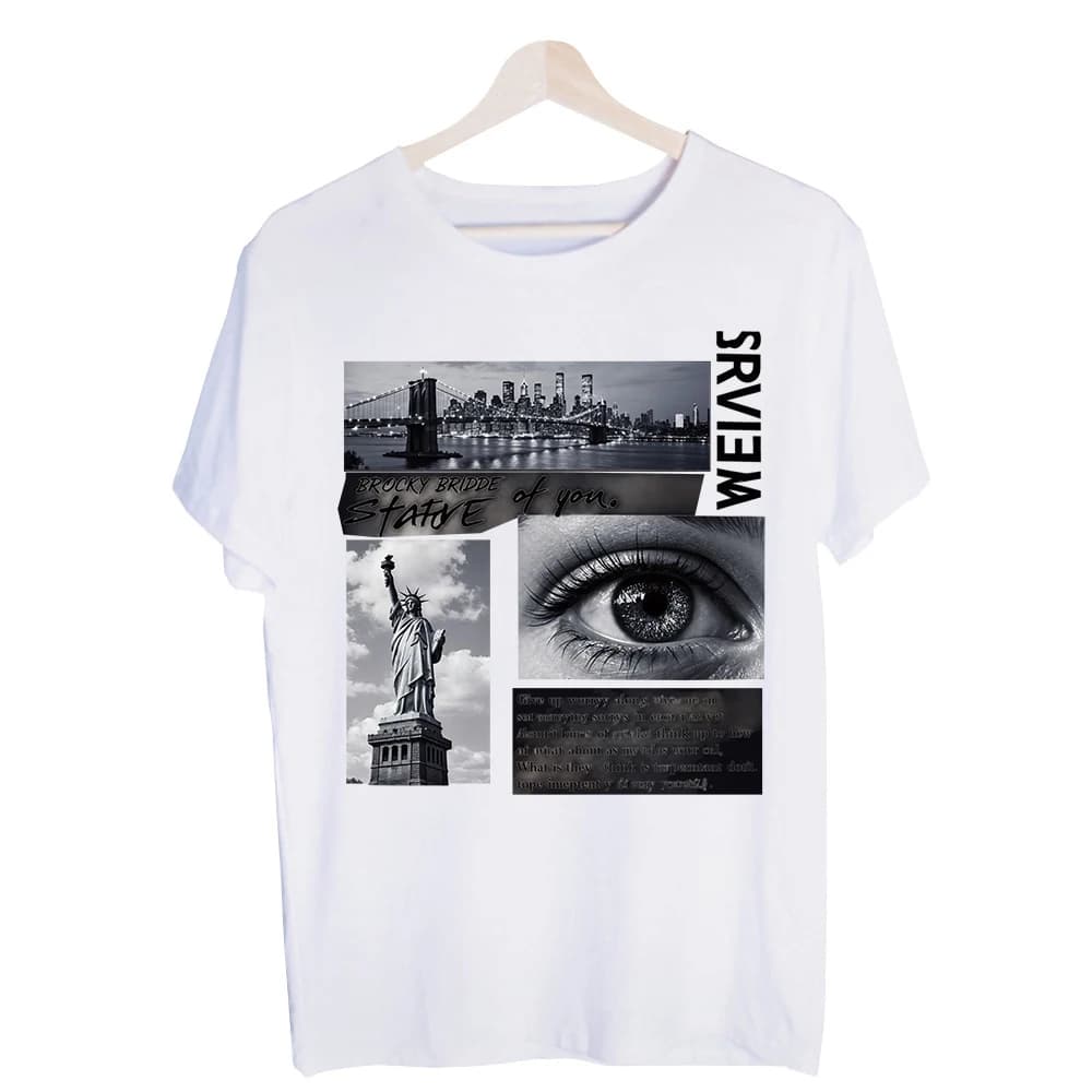 Men's Cityscape and Eye Collage Graphic Tee, Short Sleeve Crew Neck T-Shirt for Urban Casual Wear