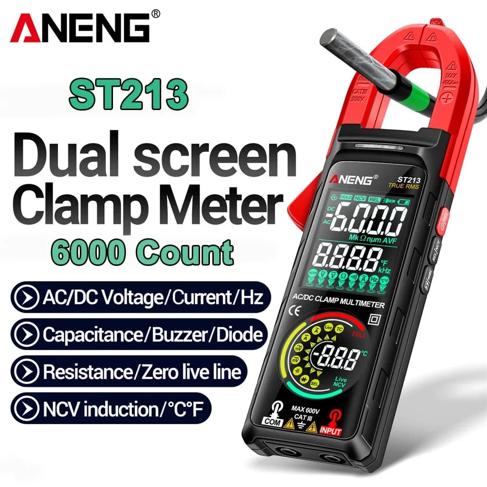 ANENG ST213 Digital Clamp Meter 6000 Counts AC DC 400A Current VA Dual Reverse Display NCV Zero Live Line Temp Capacitance Frequ