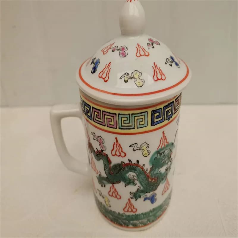 Chinese Old Porcelain Cup Pink Green Dragon Patterned Covered Teacup Ceramic Drinkware for Tea Lovers