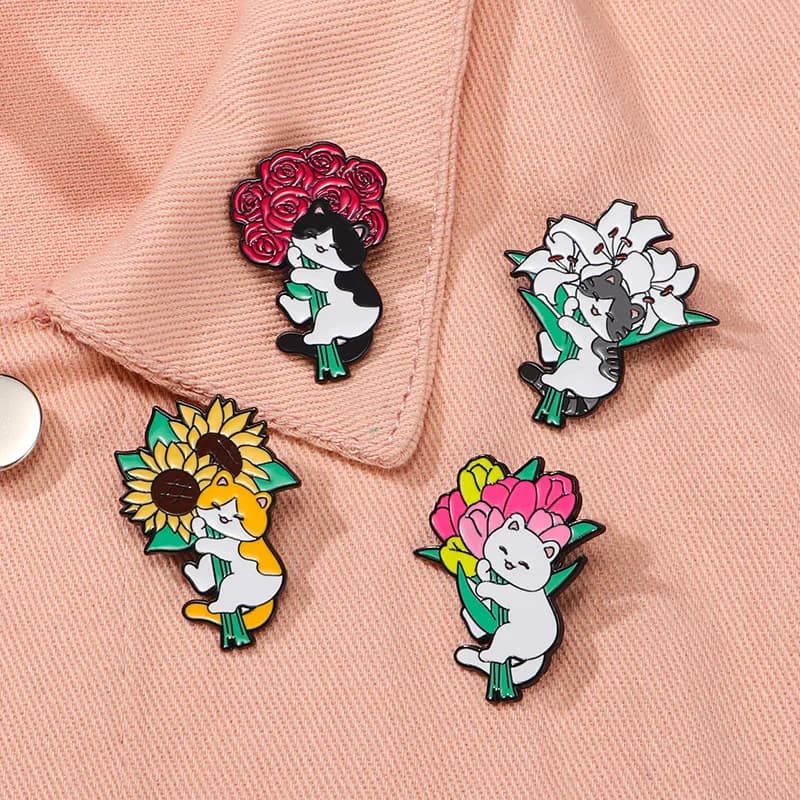 Cartoon Enamel Alloy Brooch Cute Animal Cat Lily Rose Sunflower Tulip Badge DIY Clothes Bags Hat Scarf T-shirt Jeans Bag Pin
