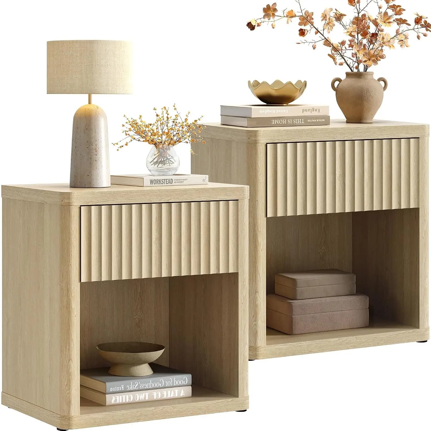 Night Stand Set 2 with Large Drawer 24" Tall Fluted Modern Nightstands Wide Bedside Table for Bedroom Sofa Office, Nightstand wi
