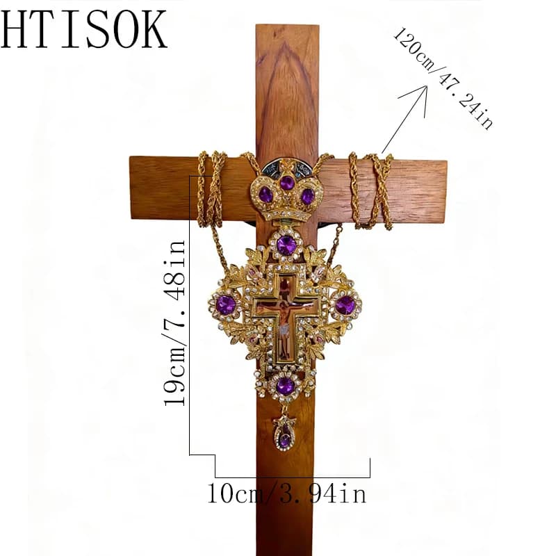 Exquisite Purple Jewel Inlaid Gold Orthodox Priest Cross Necklace Large Pectoral Crucifix For Christian Devotion And Faith Gift