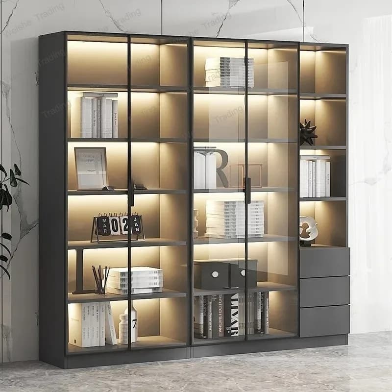Living Room Cabinet Sideboards with Lights, Glass Display Cabinet with Doors and 6 Tier Shelves, Bookcase for Hallway Furniture