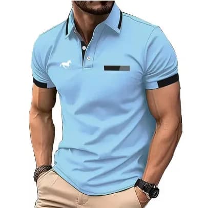 camisa polo masculina Men Horse Print Striped Trim Polo Shirt Short Sleeve Basic Modern Solid Color Golf Shirt Men's Clothing