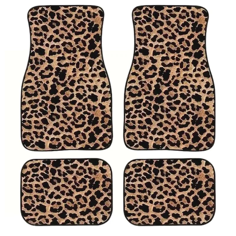 4PCS Luxury Brown Leopard Print Universal Car Floor Mats Set - Fashionable Front & Rear Seat Protector - Vehicle Carpet kit