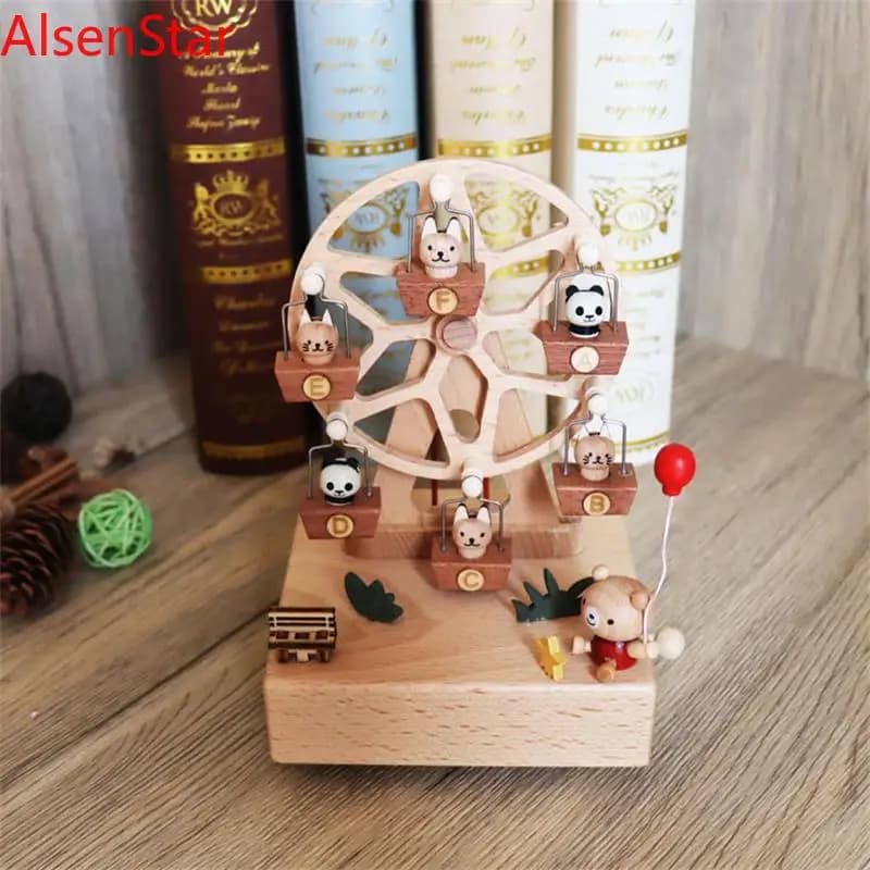 Cat Pastoral Music Box Ornament Creative Wooden Windmill Ferris Wheel Music Boxes Birthday Christmas Gift Home Decoration