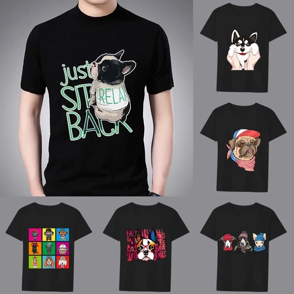Men's T-shirt Casual Funny Cartoon Shirt Top O-Neck Slim Cute Dog Print Pattern Series Commuter Black Men's Shirt Short Sleeve