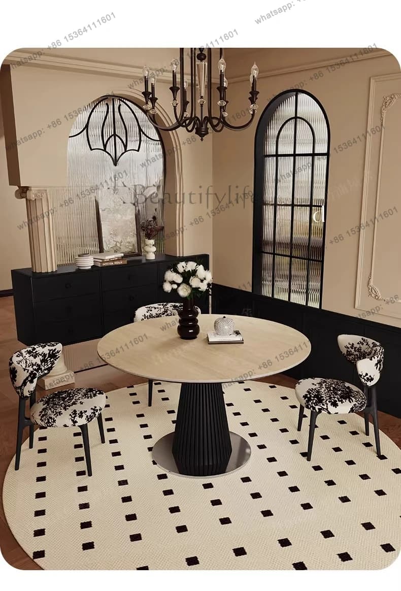 French retro travertine rock slab round dining table medium antique high-end solid wood black small round table