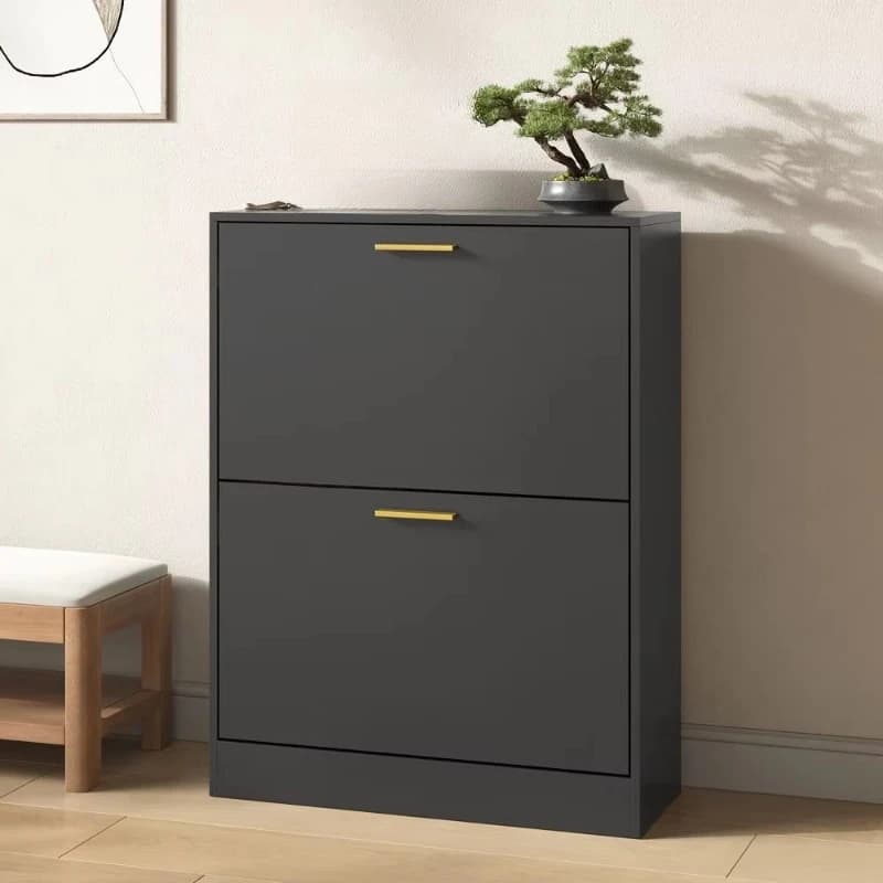 Modern freestanding shoe cabinet with flip drawer, black, 2-story, minimalist design, suitable for porch living room storage