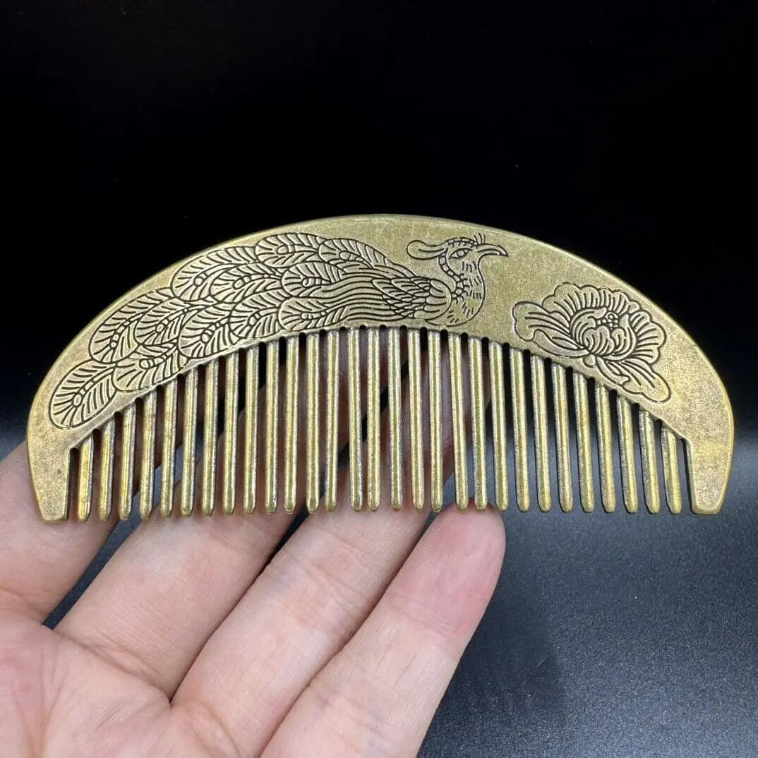 3.9" Collect Chinese Brass Carving Fung-hwang Phoenix Elephant Vintage Hair Comb