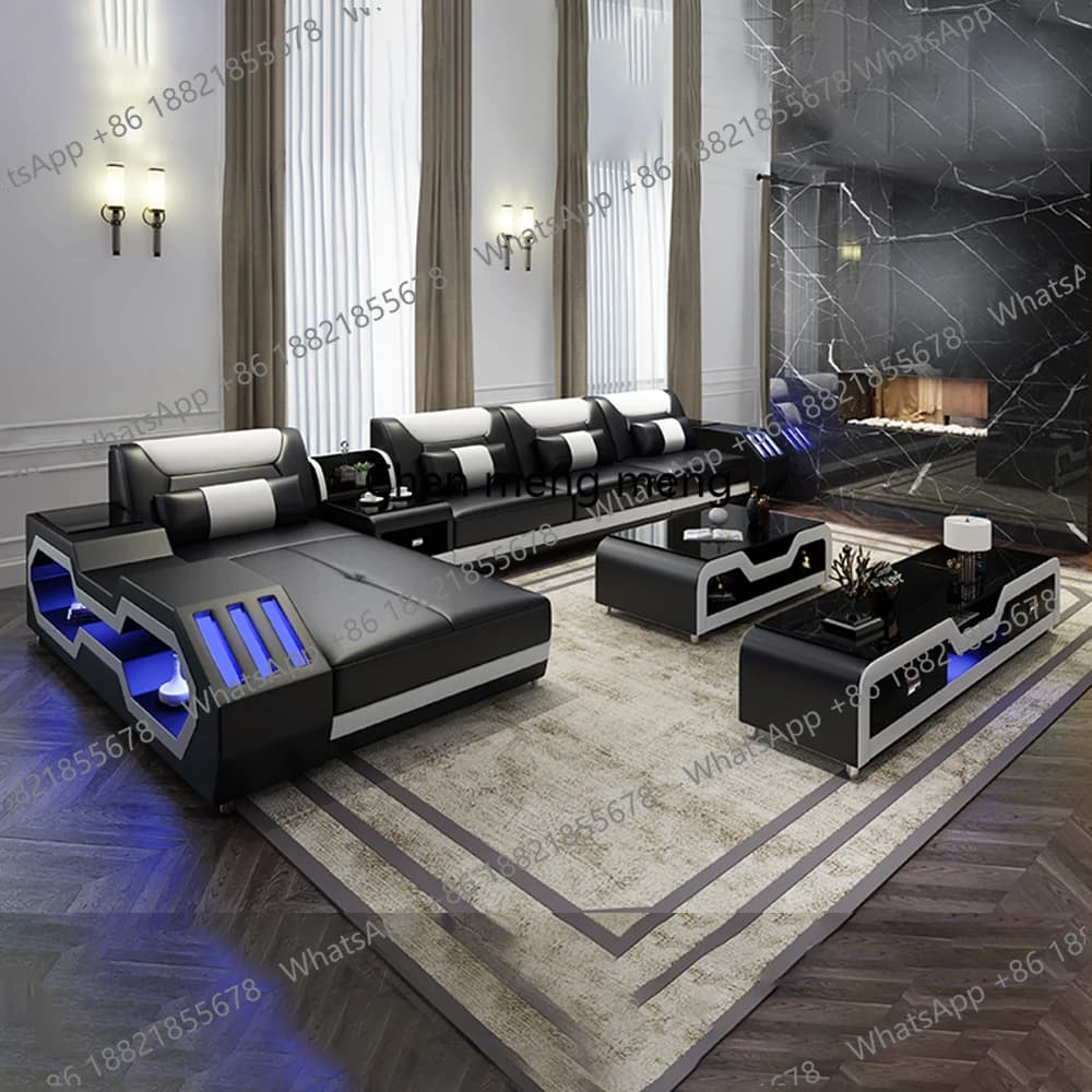 Modern LED Lighted Sofa Set with Recliner, Adjustable Headrest & Console | Luxury Leather Sectional Couch | Futuristic Furniture