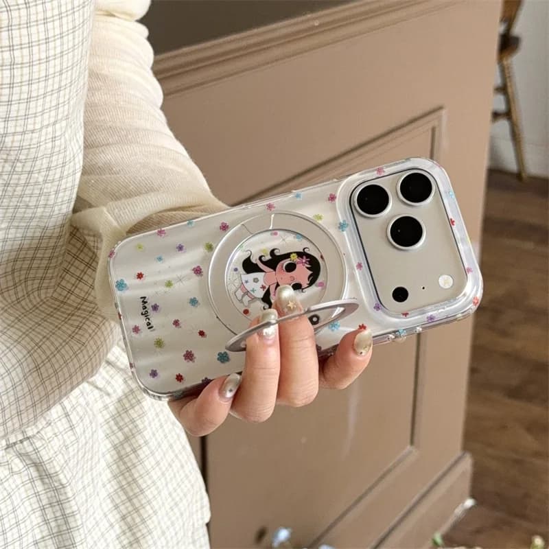 Fashion Laser Colorful Little Flower Cute Girl Phone Case For iPhone 17 Pro 16 15 14 Pro Max Cover with Rotation Stand Cartoon C