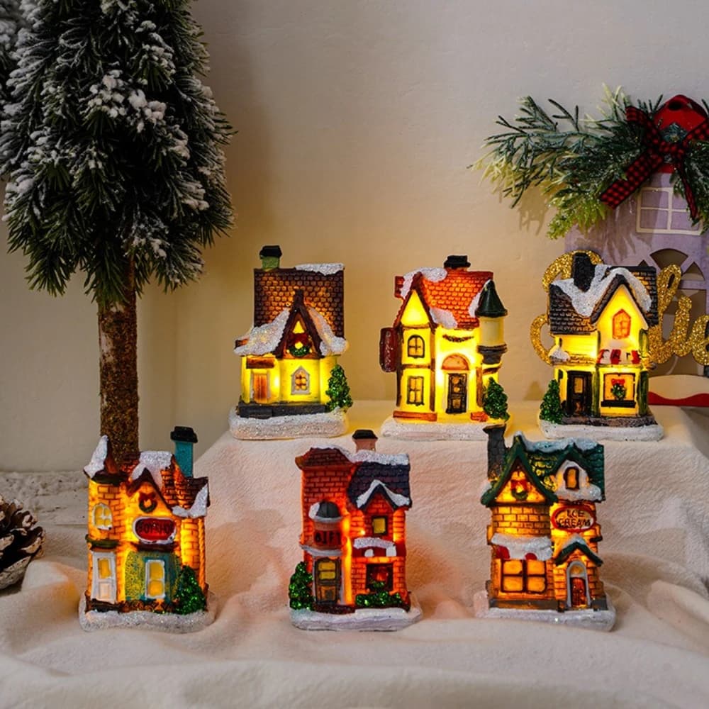 Xmas Decoration Resin Christmas House Micro-landscape Luminous Snow House Ornament Christmas Gift with 3 LR41 Button Electronic