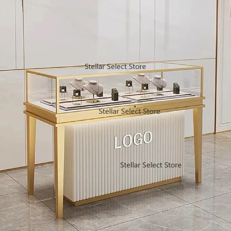 Custom.High-End Elegant Stainless Steel Gold Jewelry Display Rack with LED Lighting for Storefront Showcase Poor You Glass Cabin