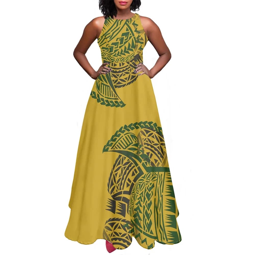 Elegant Women Evening Party Custom Print O-neck Sleeveless Polynesian Tribal Samoa Island Clothing Yellow Tattoo Ladies Dresses